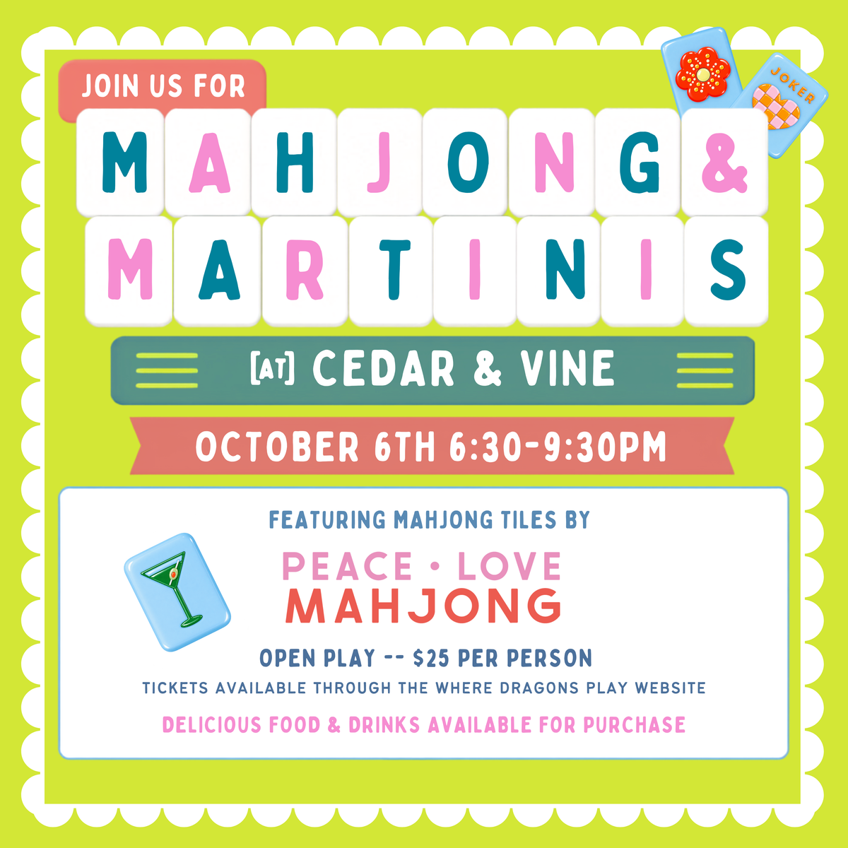 Cedar & Vine Mahjong & Martinis Open Play 10-6-26